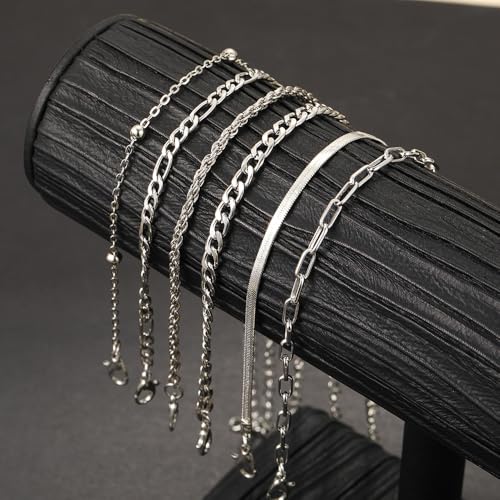 Adjustable Waterproof Layered Bracelets for Women Summer Beach Cuban Link Chain Anklets Set Herringbone Paperclip Beaded Snake Chain Stackable Anklet Stainless Steel Jewelry Bracelet - color: 6PCS-Silver