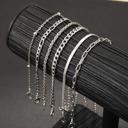Adjustable Waterproof Layered Bracelets for Women Summer Beach Cuban Link Chain Anklets Set Herringbone Paperclip Beaded Snake Chain Stackable Anklet Stainless Steel Jewelry Bracelet - color: 6PCS-Silver