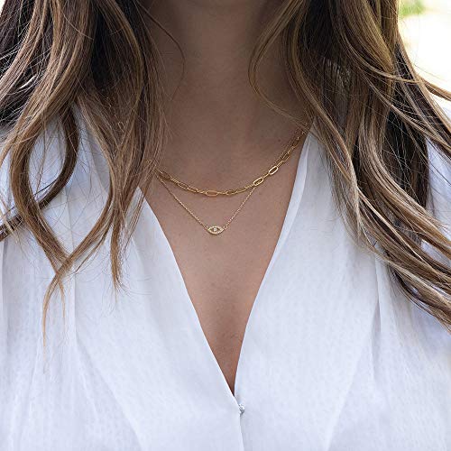 Turandoss Dainty Layered Choker Necklace, Handmade Y Pendant Necklace Multilayer Bar Disc Necklace Adjustable Layering Choker Necklaces for Women - style: 3PCS - Link Chain&Beads Chain&CZ Evil Eye