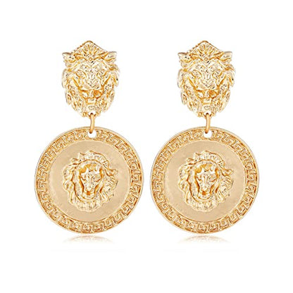 Gold Metal Clip On Earrings for Women Non Pierced Dangle Drop Earrings Multiple Styles - color: gold lion head