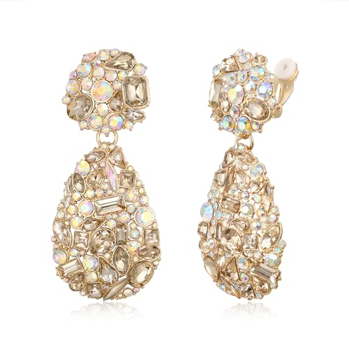 EVER FAITH Glamour Rhinestone Statement Clip-on Earrings, Fashion Chic Art Deco Sparkly Marquise Water Drop Crystal Dangle Earrings for Women - color: Champagne Gold-Tone