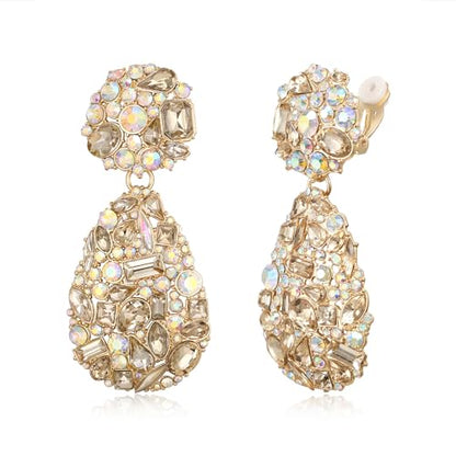 EVER FAITH Glamour Rhinestone Statement Clip-on Earrings, Fashion Chic Art Deco Sparkly Marquise Water Drop Crystal Dangle Earrings for Women - color: Champagne Gold-Tone