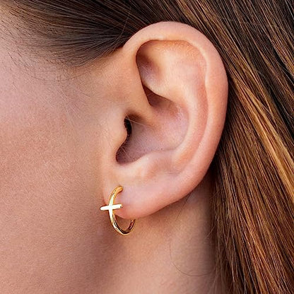 Me&Hz Gold Huggie Earrings Small Huggie Hoop Earrings for Women 14K Gold Plated Hypoallergenic Cubic Zirconia Huggies Mini Silver Hoop Earring for Women - color: Gold,Cross