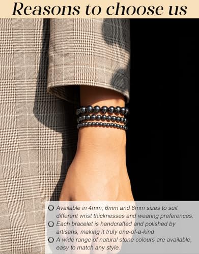 Natural Stone Beaded Bracelets for Men Women, 4mm 6mm 8mm | Healing Crystal, Protection Gemstone, Gift Packaging with Energy Card, Stretch Jewelry, Replacement Beads Included, 18 Stone - color: Hematite(Protection & Stabilization), size: 4mm