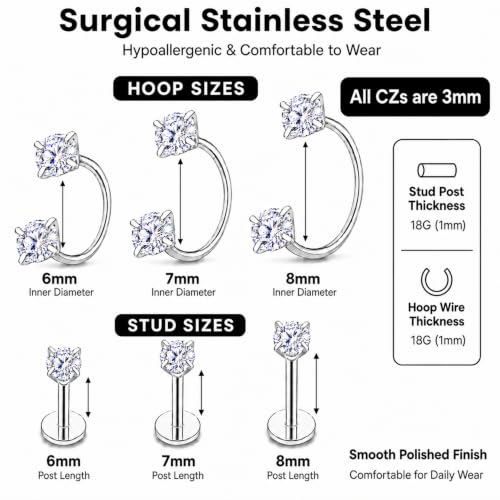 18G CZ Horseshoe Nose Rings with Flat Back Labret Studs and Tool | 316L surgical steel and 14K gold finish options for healed nose septum lip and ear piercings with easy daily changes