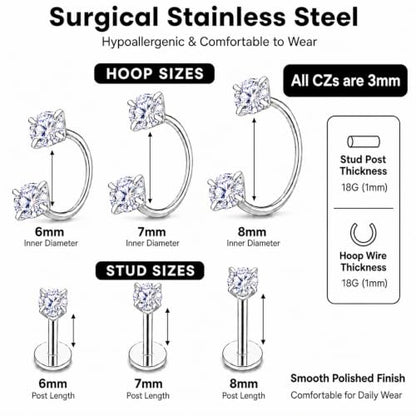 18G CZ Horseshoe Nose Rings with Flat Back Labret Studs and Tool | 316L surgical steel and 14K gold finish options for healed nose septum lip and ear piercings with easy daily changes