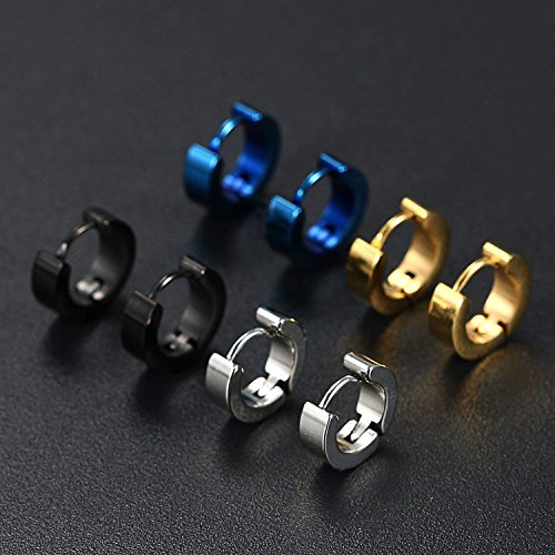 Aroncent Stainless Steel Hoop Earrings: 3-8 Pairs Men Small Hoop Huggie Hinged Earrings Set for Men Women 4mm Valentine Day Gifts - color: B-3PCS-Black+Blue+Silver+Gold