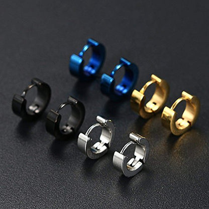 Aroncent Stainless Steel Hoop Earrings: 3-8 Pairs Men Small Hoop Huggie Hinged Earrings Set for Men Women 4mm Valentine Day Gifts - color: B-3PCS-Black+Blue+Silver+Gold