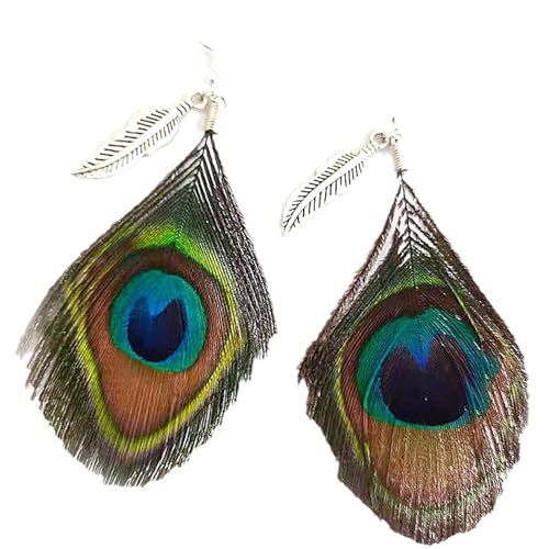 Peacock Feather Earrings for Women Native Handmade Lightweight Long Peacock Feather Boho Hook Earring Prom Party Festival Jewelry - color: Silver Leaf