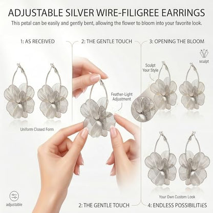 Dangle Flower Gold Earrings for Women, Trendy Statement Hoop Earrings, Gold Floral Drop Earrings Jewelry for Gifts - color: Silver flower