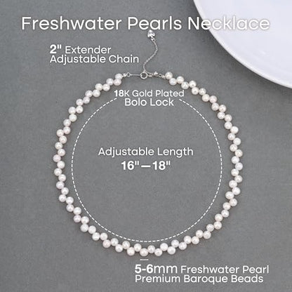 Natural Pearls Necklace, Freshwater Baroque Pearls Necklace for Women's Pearl Strand Choker Necklace 18K Gold Plated & S925 Sterling Silver Clasp White Necklace Chain - color: White Side-Drilled, 5-6mm, 18KWGP Lock