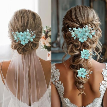 3 PCS Large Flower Bridal Wedding Hair Pins Crystal Pearl Hair Clips Headpiece Bride Hair Accessories Jewelry with Rhinestone, Glitter Emboss Blue Flower - color: Glitter Emboss Blue Flower