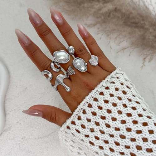 Chunky Gold Rings for Women Gold Baroque Pearl Rings Open Adjustable Pearl Ring Stacking Knuckles Rings Set Boho Prom Costume Fashion Jewelry for Women 2026 - style: Style4