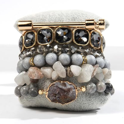 Yomisa Boho Beaded Bracelets/Bangle for Women,Multilayer 5/6/7PCS Healing Natural Handmade Stone Bead Bracelets Stackable Stretch Friendship Beaded Bracelet Set Trendy Western Bohemian Jewelry Gift - color: 6pcs-Gray&silver