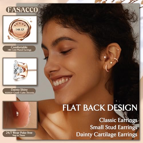 FASACCO Small Tiny Stud Flat Back Earring Hypoallergenic Gold Studs 14K Surgical Steel Earring Sets for Multiple Piercing Cartilage Hoop Earrings - color: rose gold tone