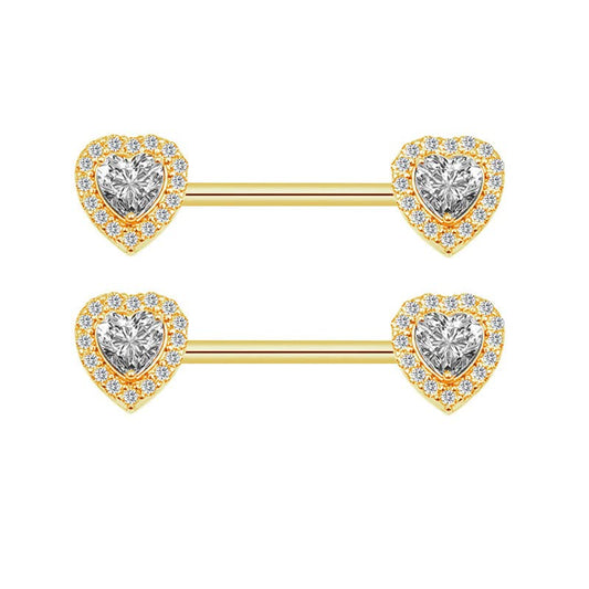 HQLA 14G Dainty CZ Love Heart Nipple Rings Tongue Ring Surgical Steel Nipple rings Piercing Women Barbells 2Pcs 25/8"(16mm) - style: Gold Tone