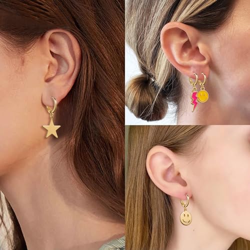 Preppy Earrings Pack with Colorful Happy Smile Lightning Bolt Heart Star Charms Pendants Gold Small Huggie Hoop Dangle Earrings Trendy Y2K Preppy Jewelry Gifts for Teen Girls Women Kids