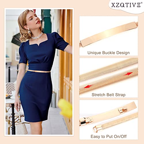 XZQTIVE 2 Pieces Women Skinny Metal Chain Waist Belt Stretchy Saree Cinch Belt for Dress Gold Sliver - color: 01 Smooth-gold, size: Fit waist 30-33 in