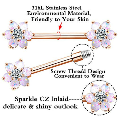 14G Opal Flower CZ Nipple Barbell Nipple Ring Piercing Jewelry for Women - color: rosegold