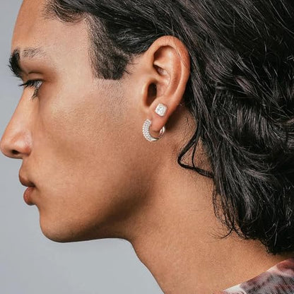 Earrings for Men 14K Gold Plated Hypoallergenic Mens Hoop Earrings | Cubic Zirconia Round/Square Stud with Huggie Hoop Earring Set,Mens Cartilage Studs for Sensitive Ear,Jewelry Gift for Him - color: Square Stud & Huggie - Silver