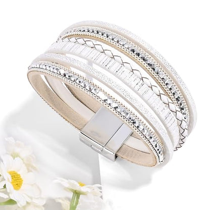 VIBILIA Boho Leather Wrap Bracelets for Women Multi-Layer Bracelets | With Strong Clasp Jewelry for Women - color: 03-BohoBraid-White