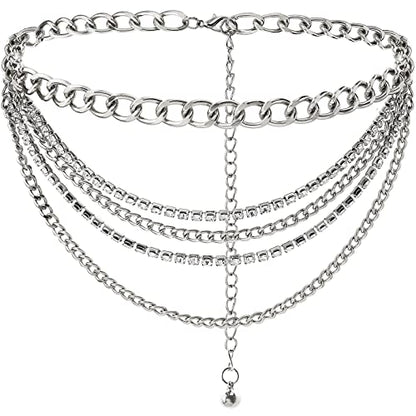 Suyi Multilayer Chain Belt Rhinestone Metal Chain Belts for Women Punk Gold Waist Chain - color: Silver, size: M: 110 CM