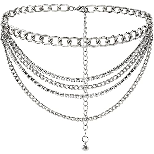 Suyi Multilayer Chain Belt Rhinestone Metal Chain Belts for Women Punk Gold Waist Chain - color: Silver, size: L: 130 CM