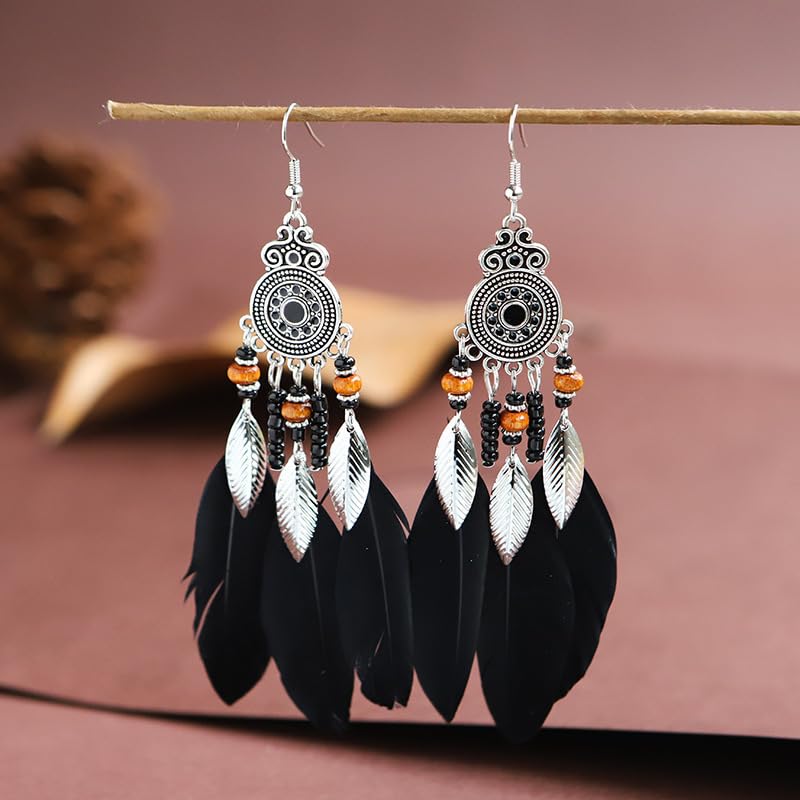 Boho Western Earrings for Women Western Feather Earrings Vintage Concho Turquoise Teardrop Dangle Earrings Country Concert Jewelry Accessories - style: Black feather