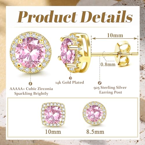 18K Gold Plated Halo Stud Earrings 925 Sterling Silver Cubic Zirconia Stud Earrings Round Square Diamonique Stud Earrings Set for Women Men - color: Gold&Pink