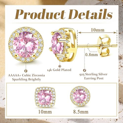 18K Gold Plated Halo Stud Earrings 925 Sterling Silver Cubic Zirconia Stud Earrings Round Square Diamonique Stud Earrings Set for Women Men - color: Gold&Pink