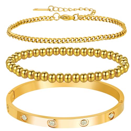 18K Gold Plated Bangle Bracelet Set for women,Cubic Zirconia Classic Stainless Steel Adjustable Gold Tennis Love Bracelets Stack for women and men - color: Beads Bracelet Set