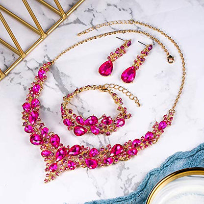 Wedding Bridal Jewelry Set for Women Bride Bridesmaids | Gorgeous Austrian Crystal Teardrop Cluster Statement Necklace Dangle Earrings Link Bracelet Set Prom Jewellery - color: 13-Fuchsia Gold-Plated-Base