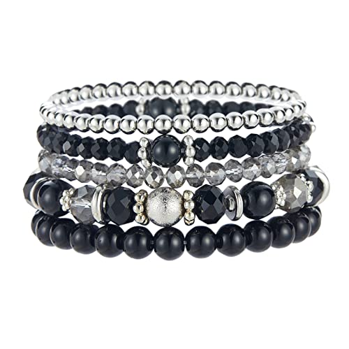 Noessla Beaded Pearl Stretch Bracelet Silver Stackable Crystal Beads Bracelets Trendy Costume Jewelry Mothers Day Gifts for Women - color: Black
