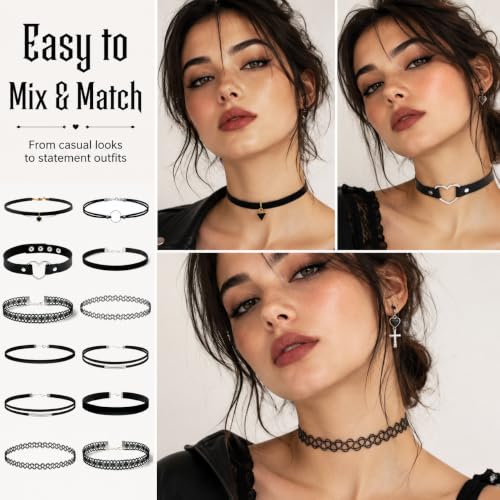 6 Piece Black Choker Necklaces for Women, Gothic Velvet Lace Tattoo Set