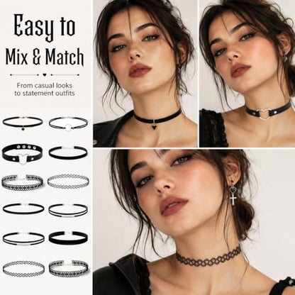 6 Piece Black Choker Necklaces for Women, Gothic Velvet Lace Tattoo Set