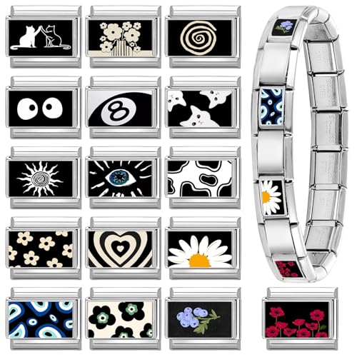 papasgix 11Pcs Italian Charms Set, 10mm*9mm Silvery Italian Charm | Italian Charms Bracelet Link Black Patterns Stainless Steel DIY Jewelry Gifts - style: Flower