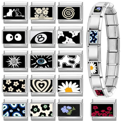 papasgix 11Pcs Italian Charms Set, 10mm*9mm Silvery Italian Charm | Italian Charms Bracelet Link Black Patterns Stainless Steel DIY Jewelry Gifts - style: Flower
