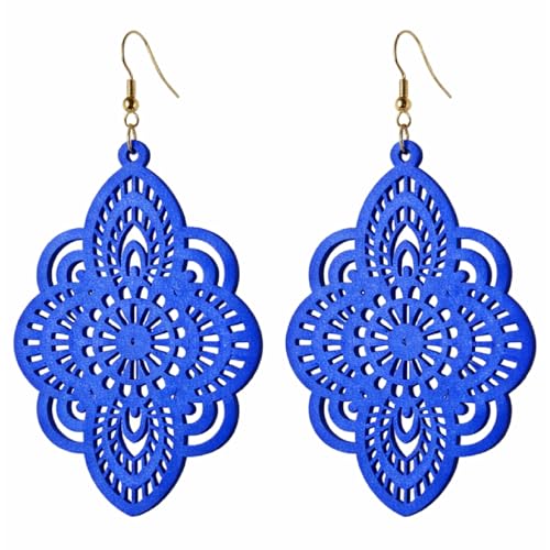 Boho Black Filigree Dangle Earrings for Women, Lightweight Hollow Lace Drop, Wood, 3.34" x 1.69", Bohemian Jewelry - color: Blue