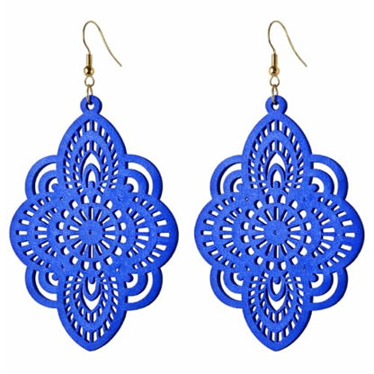 Boho Black Filigree Dangle Earrings for Women, Lightweight Hollow Lace Drop, Wood, 3.34" x 1.69", Bohemian Jewelry - color: Blue