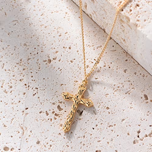 Fettero Cross Necklace for Women Faith Pendant 14K Plated Dainty Chain Necklaes Minimalist Simple Tiny God Lords Prayer Religious Jewelry - style: Hammered Cross
