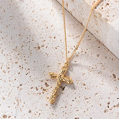 Fettero Cross Necklace for Women Faith Pendant 14K Plated Dainty Chain Necklaes Minimalist Simple Tiny God Lords Prayer Religious Jewelry - style: Hammered Cross