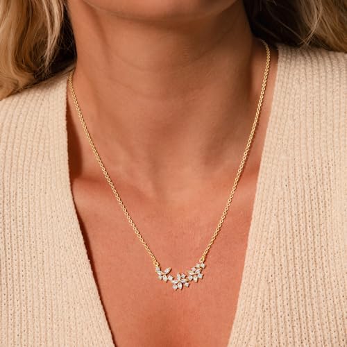 Gold Necklace for Women, Dainty 14K Gold Plated Pendant Necklaces for Women Trendy Simple Choker Chain Cubic Zirconia Circle/Interlocking/Sun/Pearl Necklace Fashion Jewelry Charm Gifts - color: CZ Flower-2