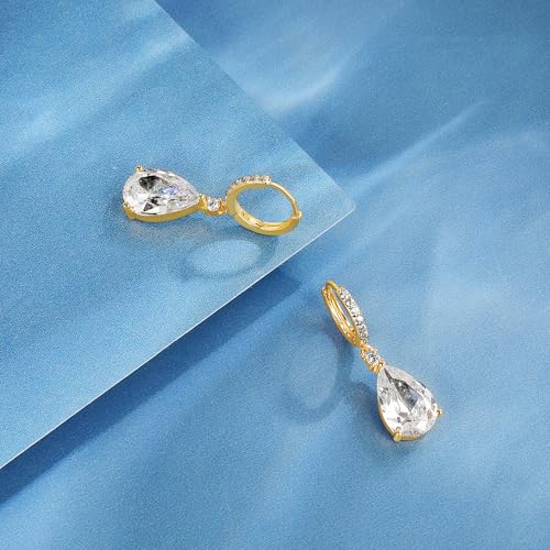 2-4 Pairs Dangle Drop Earrings for Women, 18K Gold Plated Cubic Zirconia Drop Dangle Huggie Hoop Earrings CZ Teardrop Hypoallergenic Jewelry - color: CZ Yellow Gold 1