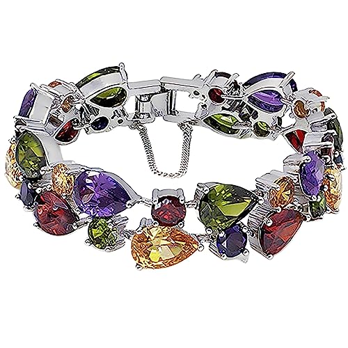 Hermosa Silver Bangle Bracelets For Women Classic Fashion Bracelet with Gemstone Garnet White Topaz Amethyst Citrine Peridot Pink Topza 7 Inches