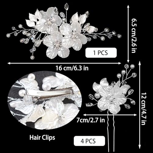 5 PCS Large Flower Bridal Wedding Hair Pins Crystal Pearl Hair Clips Headpiece Bride Hair Accessories Jewelry with Rhinestone, Glitter Emboss White Flower - color: Glitter Emboss White Flower