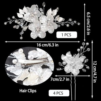 5 PCS Large Flower Bridal Wedding Hair Pins Crystal Pearl Hair Clips Headpiece Bride Hair Accessories Jewelry with Rhinestone, Glitter Emboss White Flower - color: Glitter Emboss White Flower