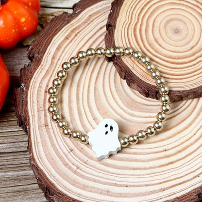 Halloween Gold Beaded Bracelets Wooden Pumpkin Ghost Bat Spider Beads Stretch Bracelet Funny Halloween Holiday Party Gifts for Women - color: A