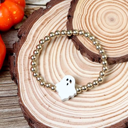 Halloween Gold Beaded Bracelets Wooden Pumpkin Ghost Bat Spider Beads Stretch Bracelet Funny Halloween Holiday Party Gifts for Women - color: C