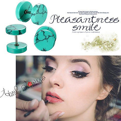 4 Pairs Unisex Marble Stone Screw Stud Earrings Set,Cupimatch Ear Piercing Plugs Faux Gauges Illusion Tunnel Earrings for Mother's Day (10mm) - color: blue-green-2pack