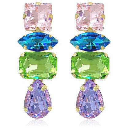 Dainty Sparkly Crystal Square Teardrop Circle Dangle Drop Earrings Long Chic Glitter Rhinestones Geometry Stud Earrings For Women - style: Colorful